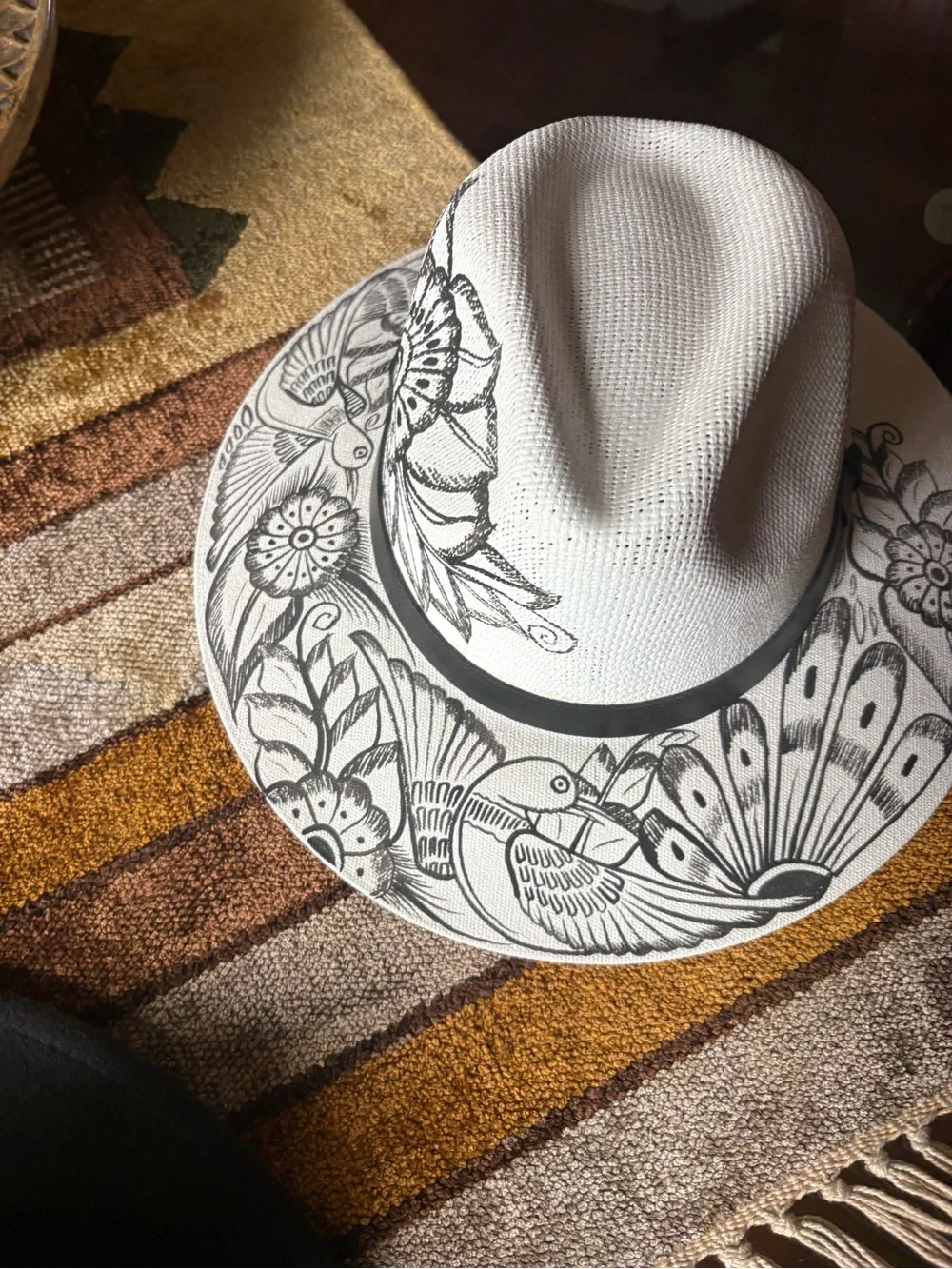 Women’s Black felt Hat with Beaded Band and Women’s White Straw hand Painted Hat